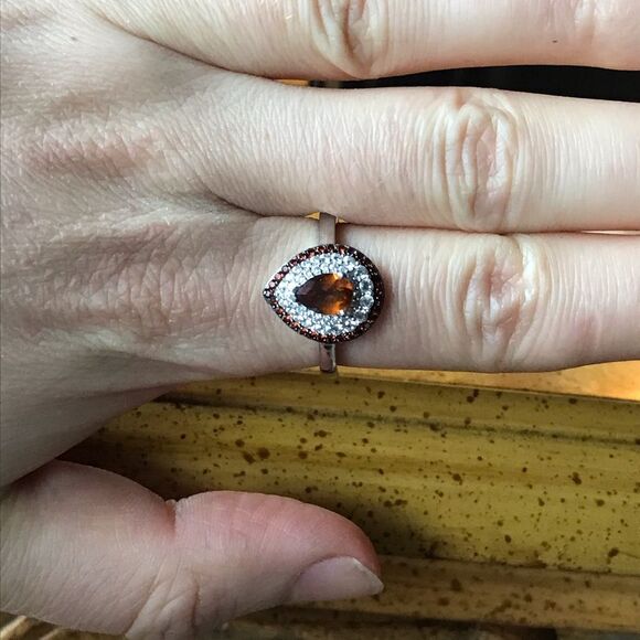 Natural Orange Garnet Sterling Silver Teardrop Ring Size 9 - Picture 2 of 9